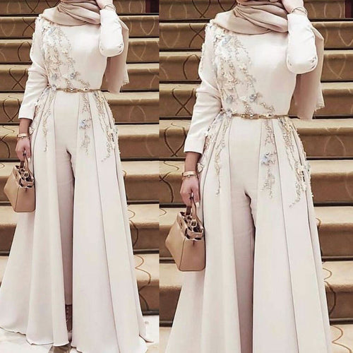 white prom dresses 2020 high neck long sleeve beading flowers a line jumpsuit evening dresses panty evening gowns formal dresses