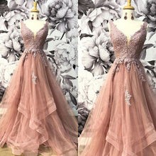 Load image into Gallery viewer, pink prom dresses 2020 deep v neck lace appliques ruffle pearls tulle ball gown evening dresses vestidos de fiesta arabic