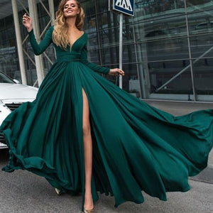 green prom dresses deep v neck long sleeve side slit chiffon floor length deep green evening dresses formal dresses