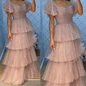 pink prom dresses 2021 sweetheart neckline tiered shinning long evening dresses gowns