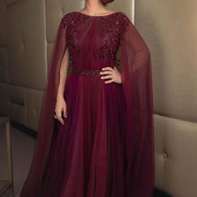 Load image into Gallery viewer, wine red prom dresses 2020 crew neckline pleats lace appliques flowers beading tulle burgundy evening dresses formal dresses