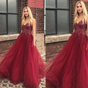 deep red prom dresses 2020 deep v neck crystal beading a line tulle floor length evening dresses gowns