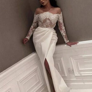 lace prom dresses 2020 off the shoulder front slit satin evening dresses long sleeve formal dresses vestidos elegantes