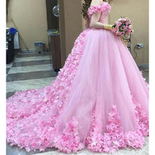 Load image into Gallery viewer, pink prom dresses 2020 off the shoulder beading sequins crystal hand made flowers evening dresses robe de soiree
