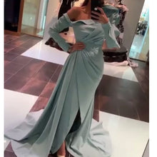Load image into Gallery viewer, green prom dresses one shoulder pleats side slit a line long sleeve satin floor length long evening dresses gowns