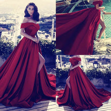 Load image into Gallery viewer, red prom dresses satin off the shoulder side slit a line floor length evening dresses vestidos de fiesta formal dresses