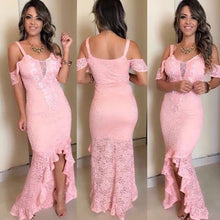 Load image into Gallery viewer, pink prom dresses 2020 sweetheart neckline lace ruffle off the shoulder lace mermaid evening dresses gowns