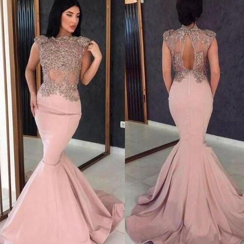 pink prom dresses 2020 lace beading sequins mermaid formal dresses arabic party dresses cheap evening gowns