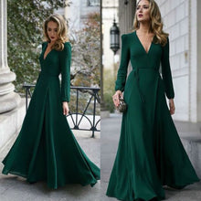 Load image into Gallery viewer, long sleeve prom dresses green deep v neck evening dresses chiffon evening dress long cocktail dresses formal dresses