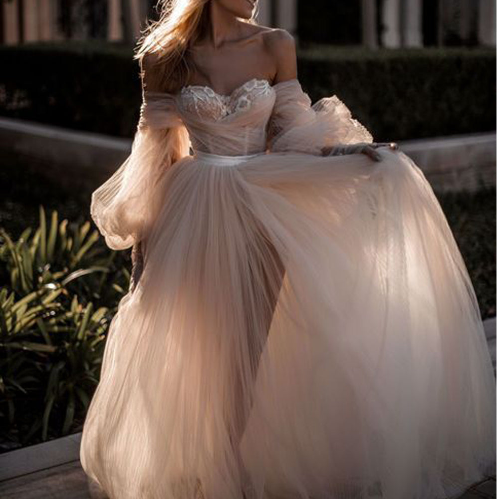 ivory wedding dresses 2020 off the shoulder lace appliques sweetheart neckline tulle a line floor length bridal dresses vestidos de noiva