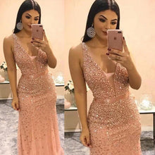 Load image into Gallery viewer, pink prom dresses 2020 deep v neck mermaid crystal tulle beaded evening dresses gowns vestidos de fiesta