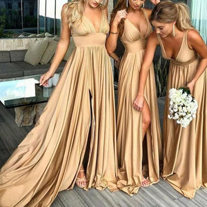 champagne bridesmaid dresses deep v neck pleats 2020 side slit floor length wedding guest party dresses
