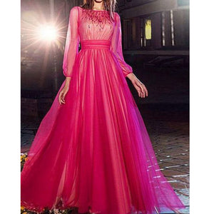red prom dresses 2020 long sleeve tulle lace appliques pleats a line floor length evening dresses gowns party dresses
