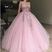 Load image into Gallery viewer, pink prom dresses 2021 lace appliques beading pearls tulle ball gown floor length long evening dresses gowns