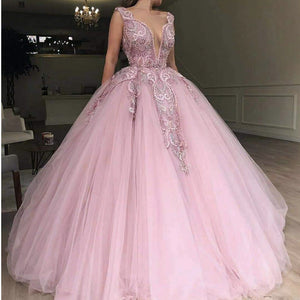 pink prom dresses 2021 lace appliques beading pearls tulle ball gown floor length long evening dresses gowns