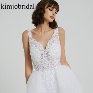 lace wedding dresses 2020 deep v neck lace appliques ball gown detachable train bridal dresses vestidos de noiva