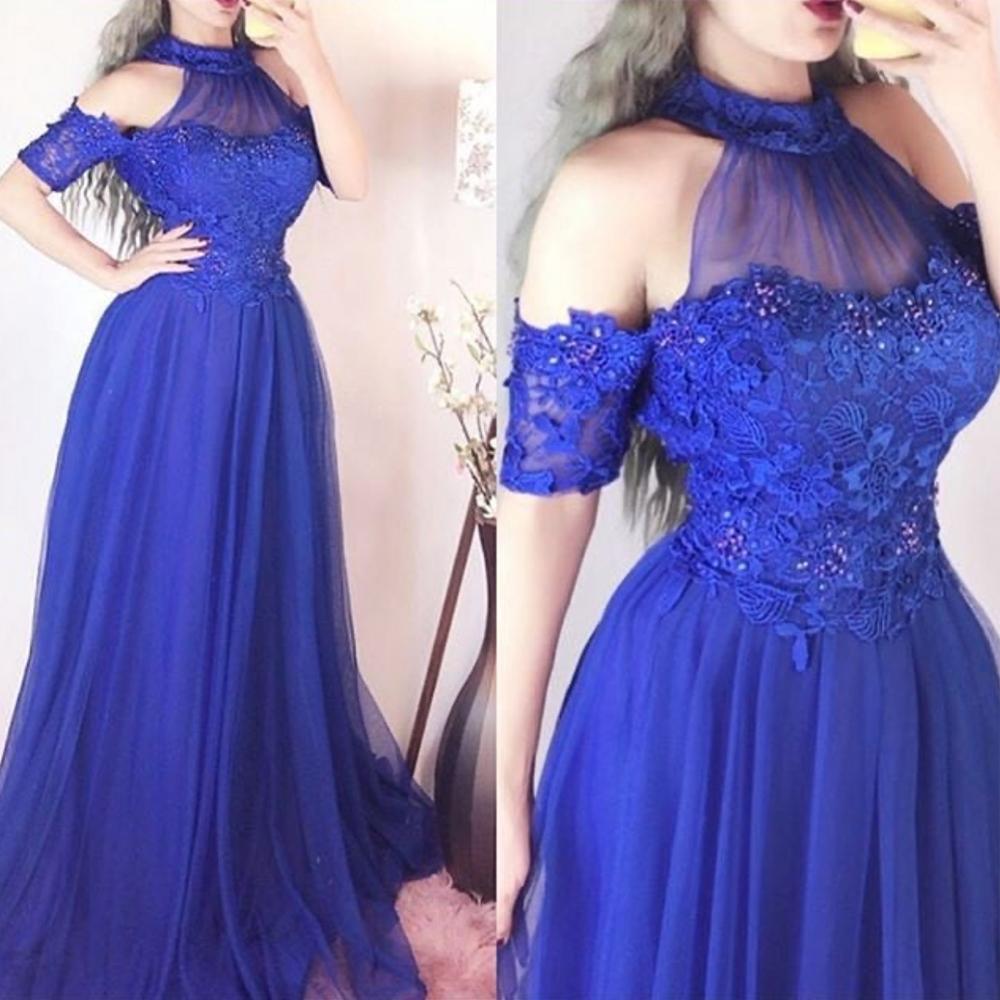 royal blue prom dresses 2021 high neck short sleeve tulle a line floor length long evening dresses gowns