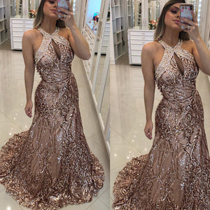 champagne prom dresses 2020 halter neckline keyhole sequins sparkly evening dresses shinning formal dresses