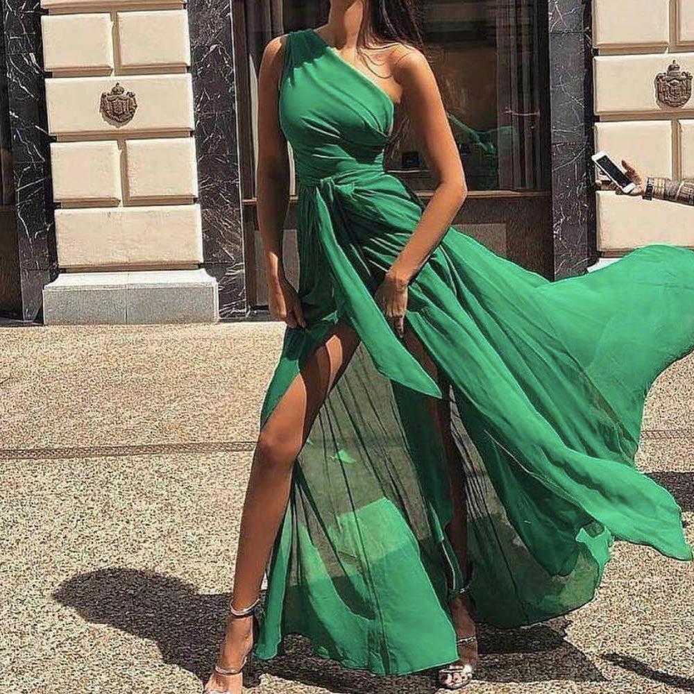 green prom dresses 2020 one shoulder side slit chiffon a line evening dresses arabic formal dress