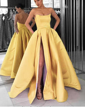 Load image into Gallery viewer, yellow prom dresses 2021 sweetheart neckline side slit a line satin long evening dresses gowns