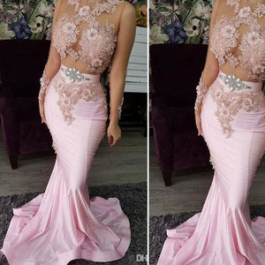 pink prom dresses 2020 sheer crew neckline long sleeve hand made flowers mermaid evening dresses formal dress