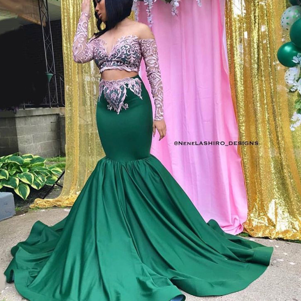 two pieces prom dresses 2020 mermaid lace appliques floor length vintage green evening dresses gowns
