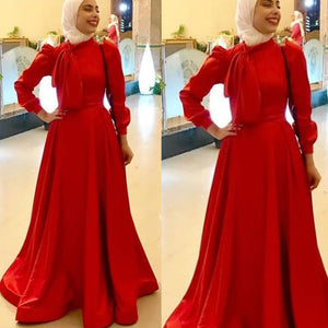 red prom dresses 2020 high neck long sleeve a line satin evening dresses red formal party dress vestidos de fiesta muslim
