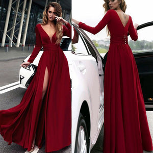 red prom dresses 2020 deep v neck long sleeve pleats side slit floor length evening dresses gowns arabic formal dresses