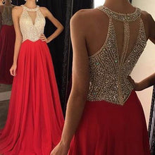 Load image into Gallery viewer, pearls prom dresses 2020 keyhole beaded a line chiffon formal dresses evening gowns red party dress