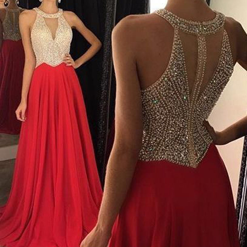 pearls prom dresses 2020 keyhole beaded a line chiffon formal dresses evening gowns red party dress