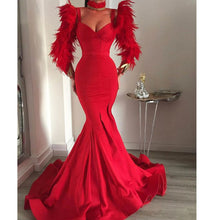 Load image into Gallery viewer, red prom dresses 2020 long sleeve feather mermaid evening dresses formal dresses arabic evening gowns