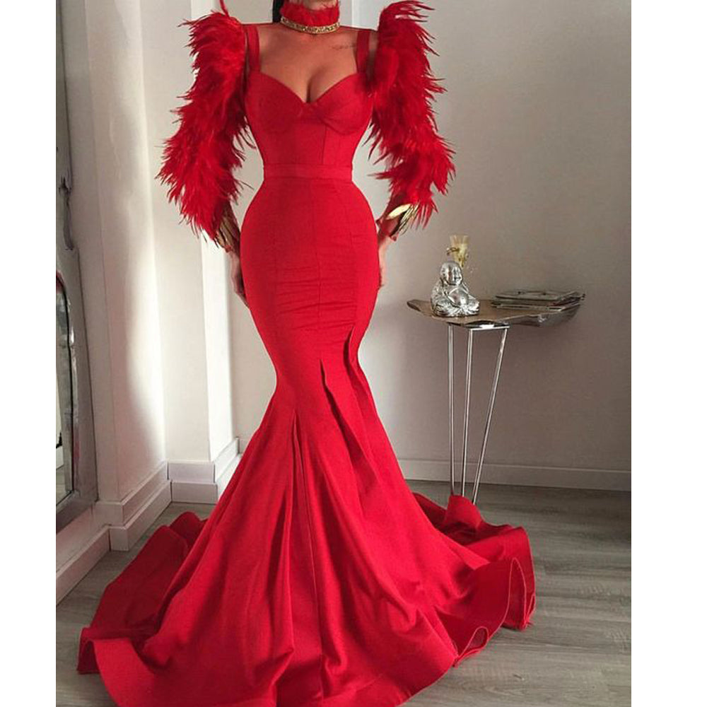 red prom dresses 2020 long sleeve feather mermaid evening dresses formal dresses arabic evening gowns
