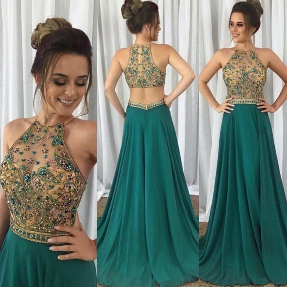 prom dresses 2020 crystal green halter beaded chiffon a line backless evening dresses formal dresses