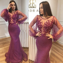 Load image into Gallery viewer, purple prom dresses 2020 crew neckline lace appliques pearls mermaid beaded evening dresses purple formal dresses flowers