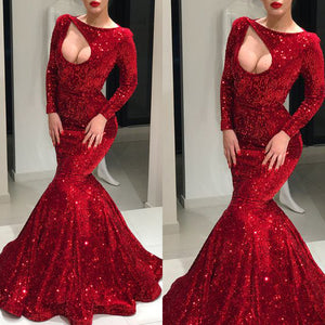 dark red prom dresses 2020 keyhole mermaid long sleeve sparkly sequins evening dresses red party dresses shinning