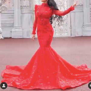 red prom dresses 2020 long sleeve lace appliques hand made flowers mermaid long evening dresses gowns