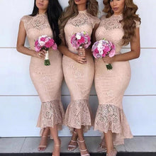 Load image into Gallery viewer, lace bridesmaid dresses 2020 crew neckline mermaid cap sleeve champagne wedding guest dresses party dress evening gowns formal dress