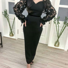 Load image into Gallery viewer, long sleeve prom dresses black hand made flowers sheath ankle length evening dresses formal dresses