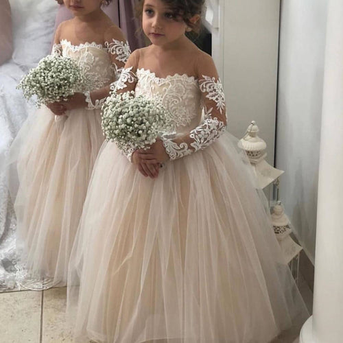 champagne flower girls dresses 2020 sheer crew neckline lace appliques long sleeve ball gown little girls party dresses