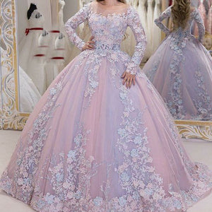 lace prom dresses 2020 long sleeve ball gown floor length appliques evening dresses puffy party dresses