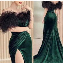 Load image into Gallery viewer, green prom dresses 2020 off the shoulder feather side slit pleats velvet evening dresses women dresses