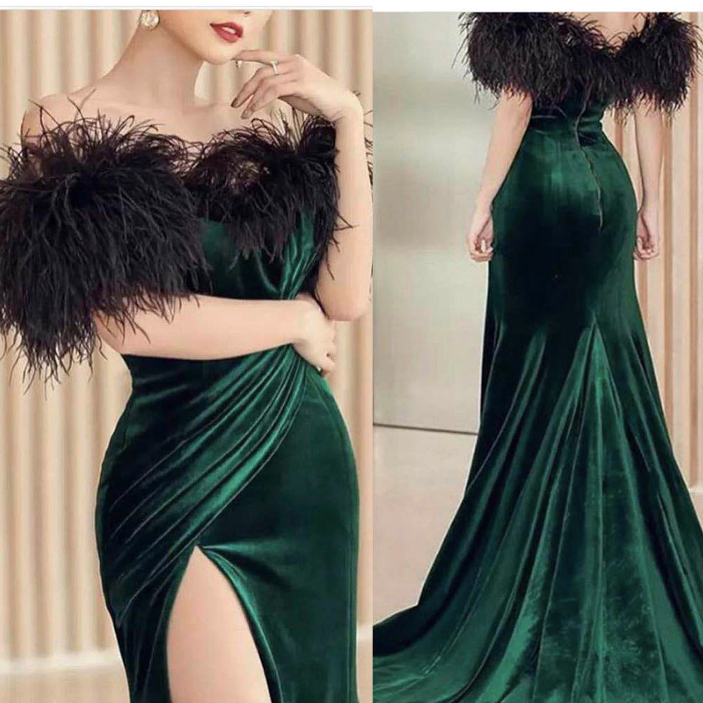 green prom dresses 2020 off the shoulder feather side slit pleats velvet evening dresses women dresses