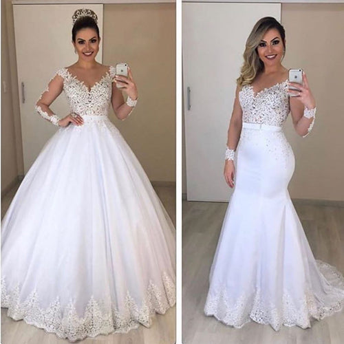 detachable wedding dress 2020 deep v neck long sleeve lace appliques mermaid bridal dreses ball gown evening dresses bridal gowns