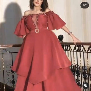 red prom dresses 2020 off the shoulder beading crystal belt short sleeve ball gown chiffon evening dress
