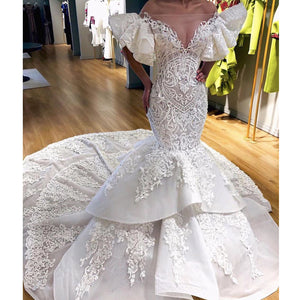 wedding dresses 2020 off the shoulder lace appliques short sleeve puffy bridal dresses arabic vestidos de noiva newest