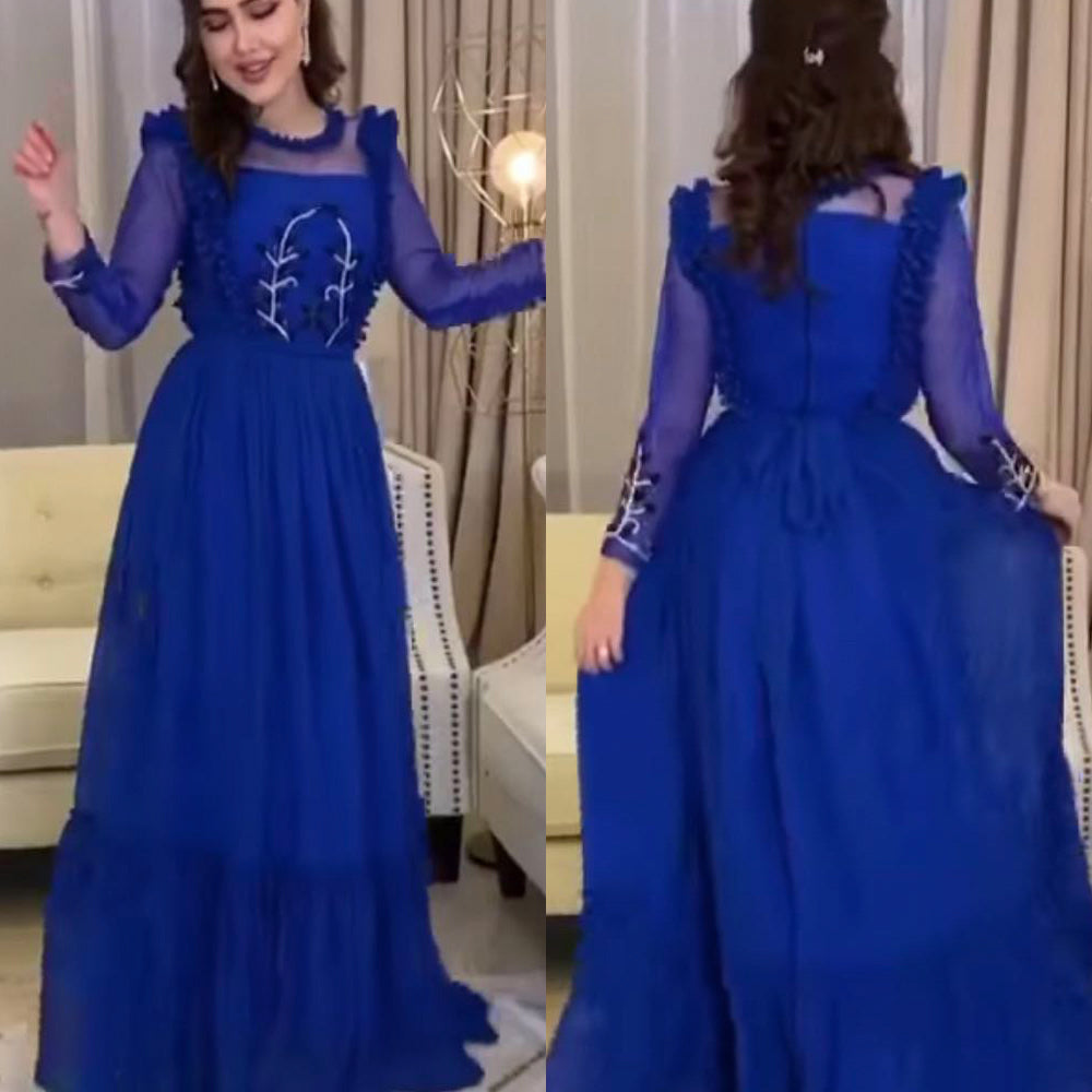 royal blue prom dresses 2020 long sleeve beading ruffle chiffon a line long evening dresses