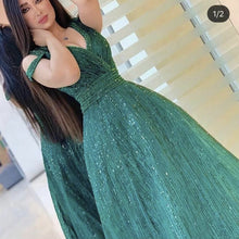 Load image into Gallery viewer, green prom dresses beading crystal deep v neck crystal evening dresses formal dresses
