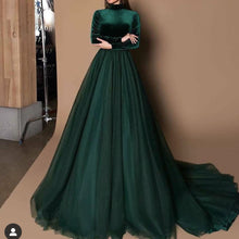 Load image into Gallery viewer, green prom dresses 2020 long sleeve formal dresses velvet tulle evening dresses gowns party dresses formal dresses