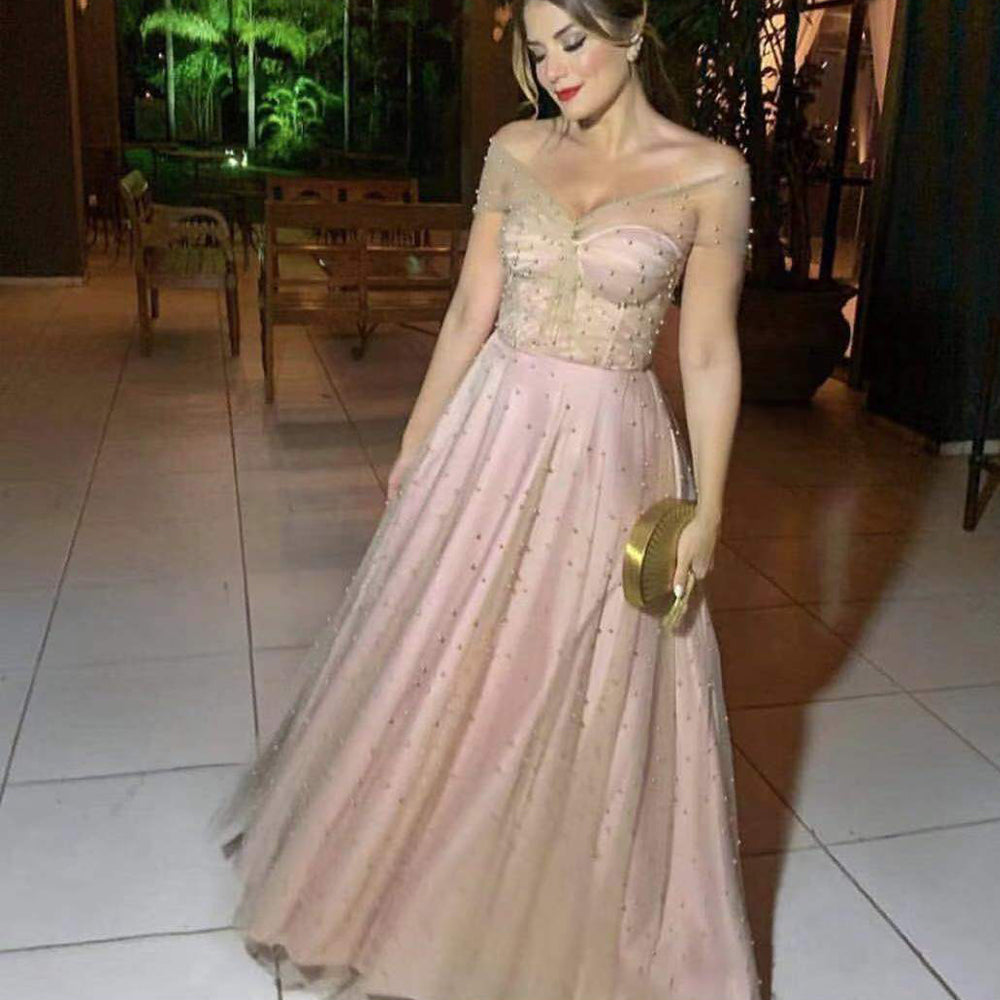 pearls prom dresses pink 2020 off the shoulder beaded a line evening dresses pearls formal dresses party dress beading