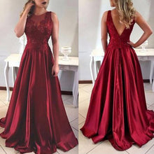 Load image into Gallery viewer, lace prom dresses 2020 sheer crew neckline satin burgundy evening dresses evening dress formal dress red